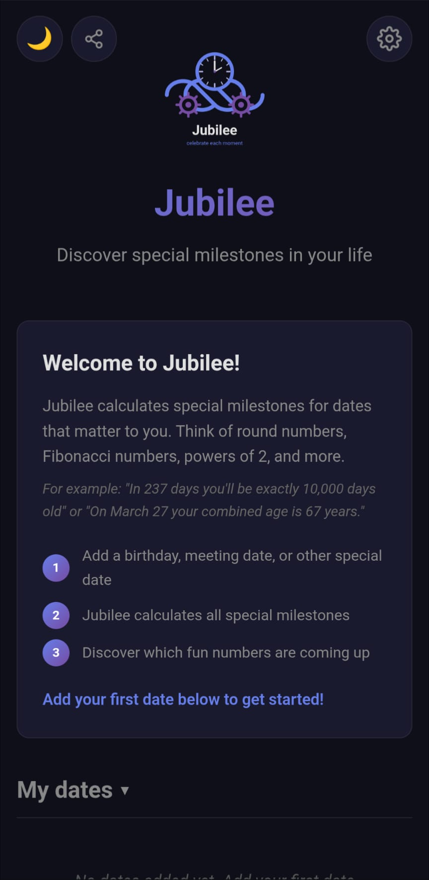 Jubilee — milestone tracker welcome screen