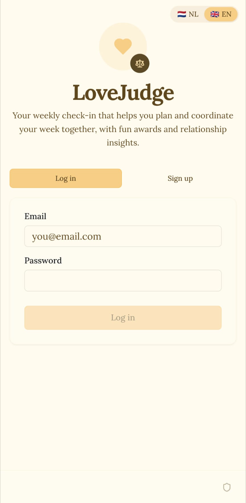 LoveJudge — AI couples check-in login screen