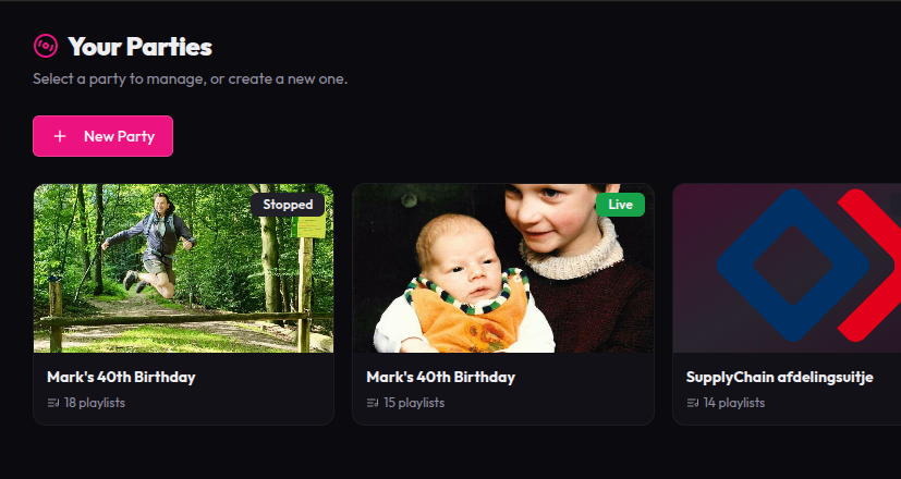 Party Vibe — party gallery with playlist voting