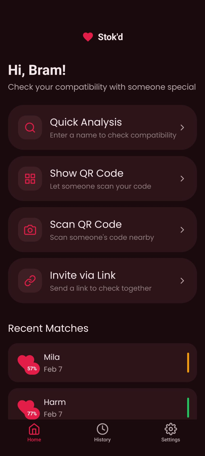 Stok'd — dating compatibility app home screen